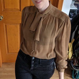 Vintage Brown Tie-neck Blouse - Size 12